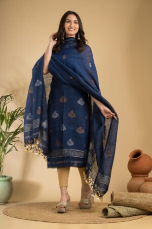 Midnight Blue Pure Linen Unstitched Top & Dupatta Set with Jamdani Motifs