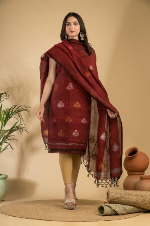 Sophisticated Maroon Pure Linen Unstitched Top & Dupatta Set with Jamdani Motifs