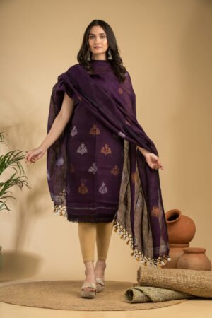 Majestic Deep Purple Pure Linen Unstitched Top & Dupatta Set with Jamdani Motifs