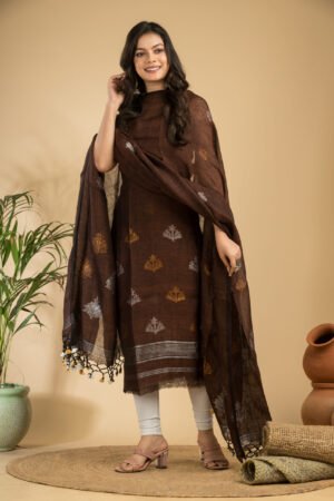 Earthy Chocolate Brown Pure Linen Unstitched Top & Dupatta Set with Jamdani Motifs