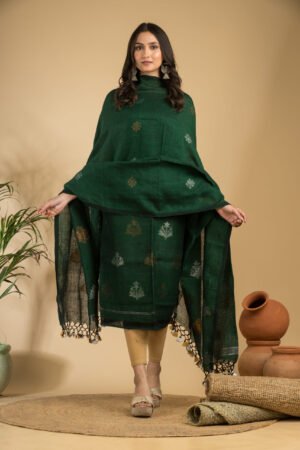 Elegant Forest Green Pure Linen Unstitched Top & Dupatta Set with Jamdani Motifs