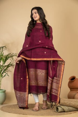 Premium Pure Linen Jamdani Suit Set (Unstitched) – Elegant Maroon & Gold Weave