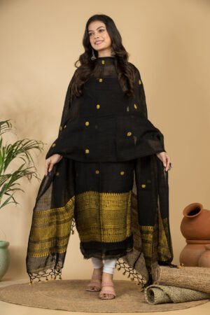 Premium Pure Linen Jamdani Suit Set (Unstitched) – Elegant Black & Gold Weave