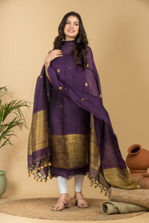 Premium Pure Linen Jamdani Suit Set (Unstitched) – Elegant Purple  & Gold Weave
