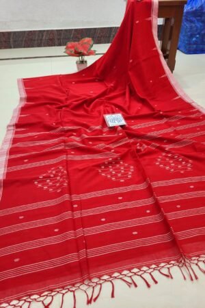 Pure Cotton Handloom Saree with Running Blouse Piece – Red Traditional Jamdani Style