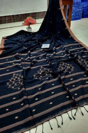 Pure Cotton Handloom Saree with Running Blouse Piece – black Traditional Jamdani Style