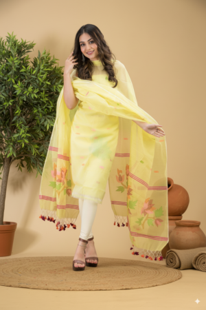 Pale Yellow Handloom Jamdani Muslin Unstitched 2-Piece Set