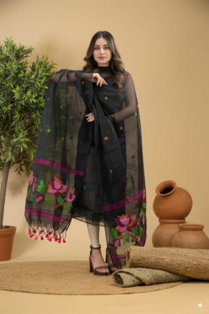 Deep Black Handloom Jamdani Muslin Unstitched 2-Piece Set