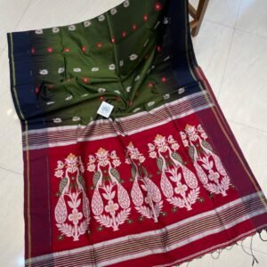 Elegant Cotton Silk Saree with Peacock Thread Work & Contrast Blouse