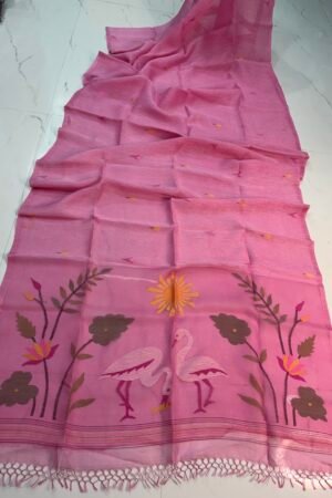 Pure Jayasree Silk Linen Jamdani Saree with Designer Crane Pallu & Blouse Piece