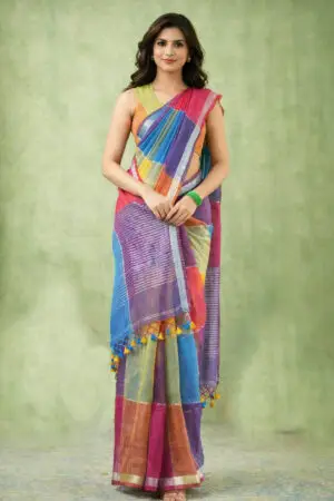 Rainbow Pastel Pure Linen Saree with Elegant Border