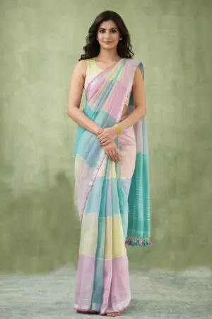 Pastel Mint Multicolor Pure Linen Saree with Tassel Pallu