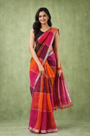 Vibrant Rani Pink & Orange Pure Linen Saree with Designer Checks