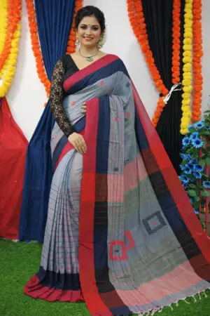 Grey Khadi Cotton Buti Check Saree with Red & Navy Blue Contrast Border