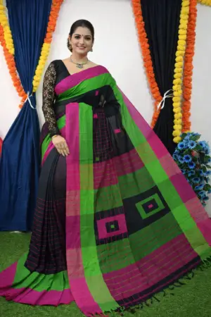 Black Khadi Cotton Buti Check Saree with Green & Magenta Contrast Border