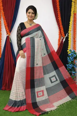 Off White Khadi Cotton Buti Check Saree with Red & Grey Contrast Border