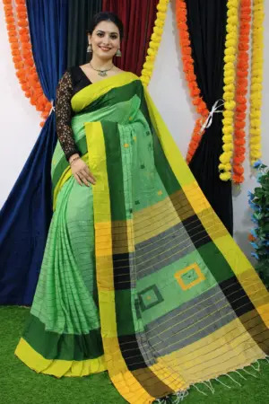 Light Green Khadi Cotton Buti Check Saree with Contrast Border & Blouse Piece
