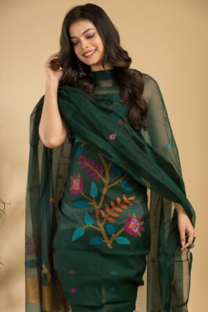 Premium Bottle Green Muslin Jamdani Unstitched Top & Dupatta Set