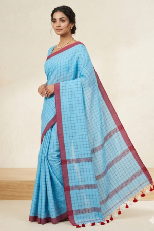 Sky Blue Handloom Cotton Kantha Stitch Saree with Maroon Checks