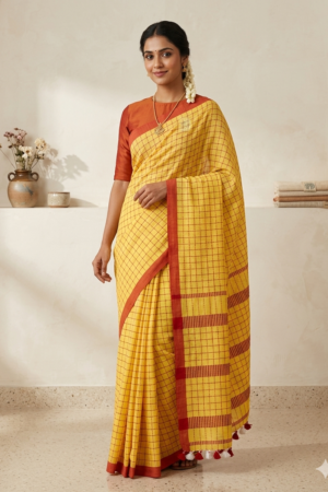 Sunshine Yellow Handloom Cotton Kantha Stitch Saree with Red Accents