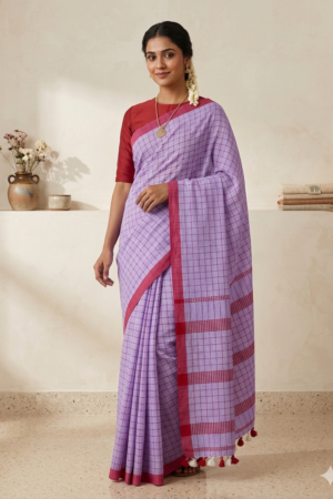 Lavender Handloom Cotton Kantha Stitch Saree with Magenta Border