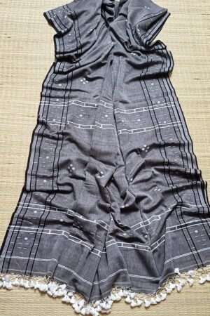raditional Handloom Premium Cotton Saree - Charcoal Grey & White