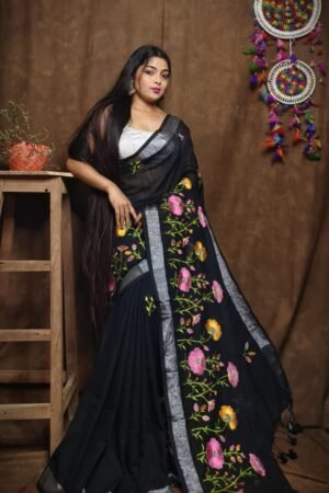 Shyamoli Floral Handloom Viscose-Cotton Embroidered Saree