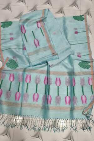 Sky Blue Silk Linen Top & Dupatta Set with Floral Motifs