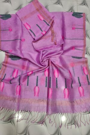 Lavender Pink Silk Linen Top & Dupatta Set with Floral Motifs