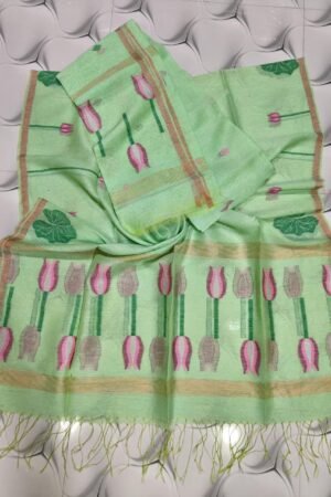 Mint Green Silk Linen Top & Dupatta Set with Floral Motifs