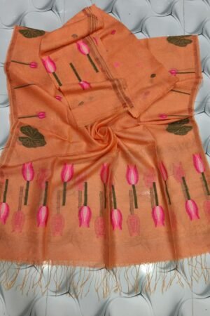 Peach Orange Silk Linen Top & Dupatta Set with Floral Motifs