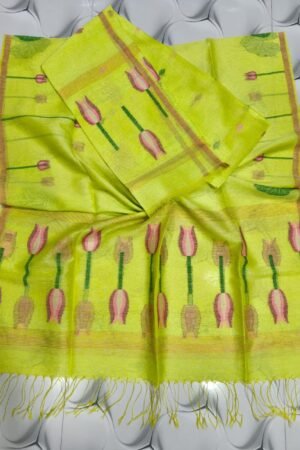 Lime Yellow Silk Linen Top & Dupatta Set with Floral Motifs