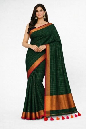 Premium Deep Green Pure Linen Check Saree with Copper Border & Contrast Tassels