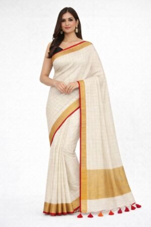 Elegant Off-White Pure Linen Check Saree with Golden & Red Border