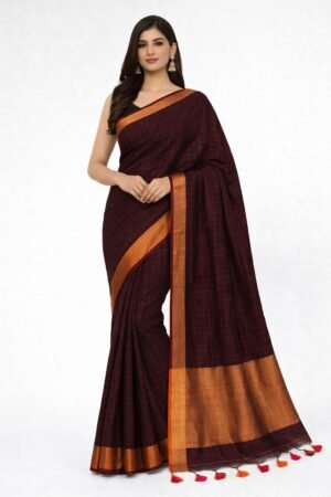 Exquisite Wine Purple Pure Linen Check Saree with Copper Border & Tassels