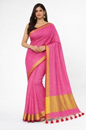 Vibrant Pink Pure Linen Check Saree with Golden Zari Border & Red Tassels