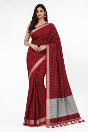 Deep Maroon Pure Linen Check Saree with Silver Border & Designer Tassels