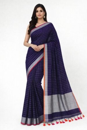 Midnight Blue Pure Linen Check Saree with Silver Border & Contrast Tassels