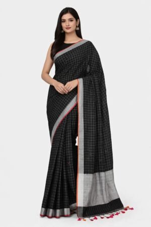 Classic Black Pure Linen Check Saree with Silver Border & Vibrant Tassels