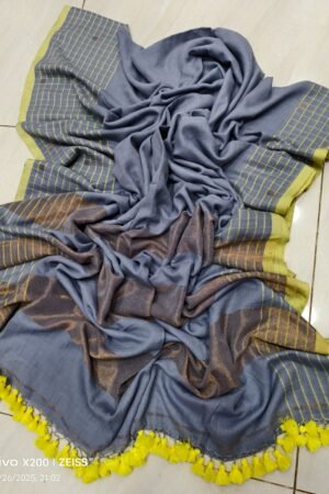 Steel Blue & Lime Green Handloom Pure Cotton Saree with Copper-Gold Pallu