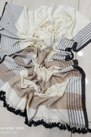 Ivory White Handloom Pure Cotton Saree with Charcoal Grid & Metallic Accents