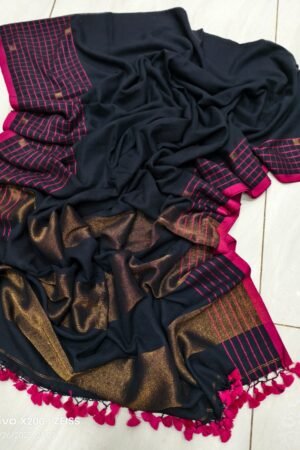 Midnight Charcoal & Magenta Handloom Pure Cotton Saree with Metallic Accents