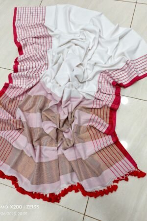 Ivory White & Crimson Red Handloom Pure Cotton Saree with Copper-Gold Pallu