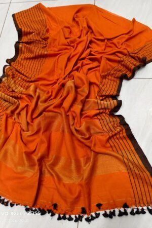 Tangerine Orange Handloom Pure Cotton Saree with Charcoal Accents