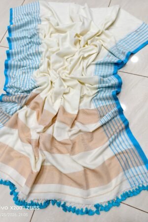 Ivory White & Sky Blue Handloom Pure Cotton Saree with Copper-Gold Pallu