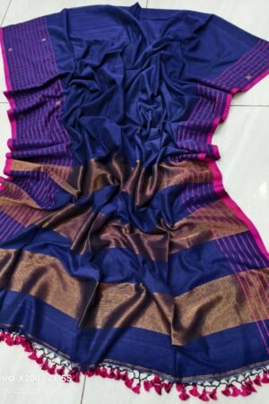 Royal Blue & Magenta Handloom Pure Cotton Saree with Copper-Gold Accents