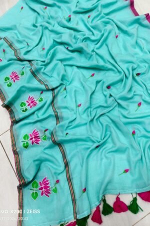 Refreshing Sea Green Mul Cotton Saree with Pink Lotus Embroidery & Tassels
