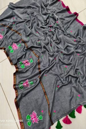 Sophisticated Charcoal Grey Mul Cotton Saree with Pink Lotus Embroidery & Tassels