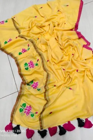 Sunshine Yellow Mul Cotton Saree with Pink Lotus Embroidery & Tassels