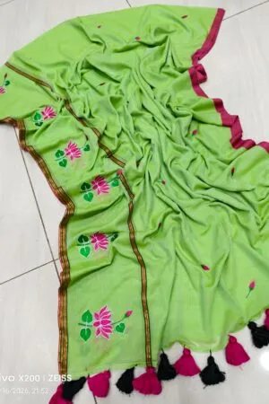 Parrot Green Mul Cotton Saree with Pink Lotus Embroidery & Tassels
